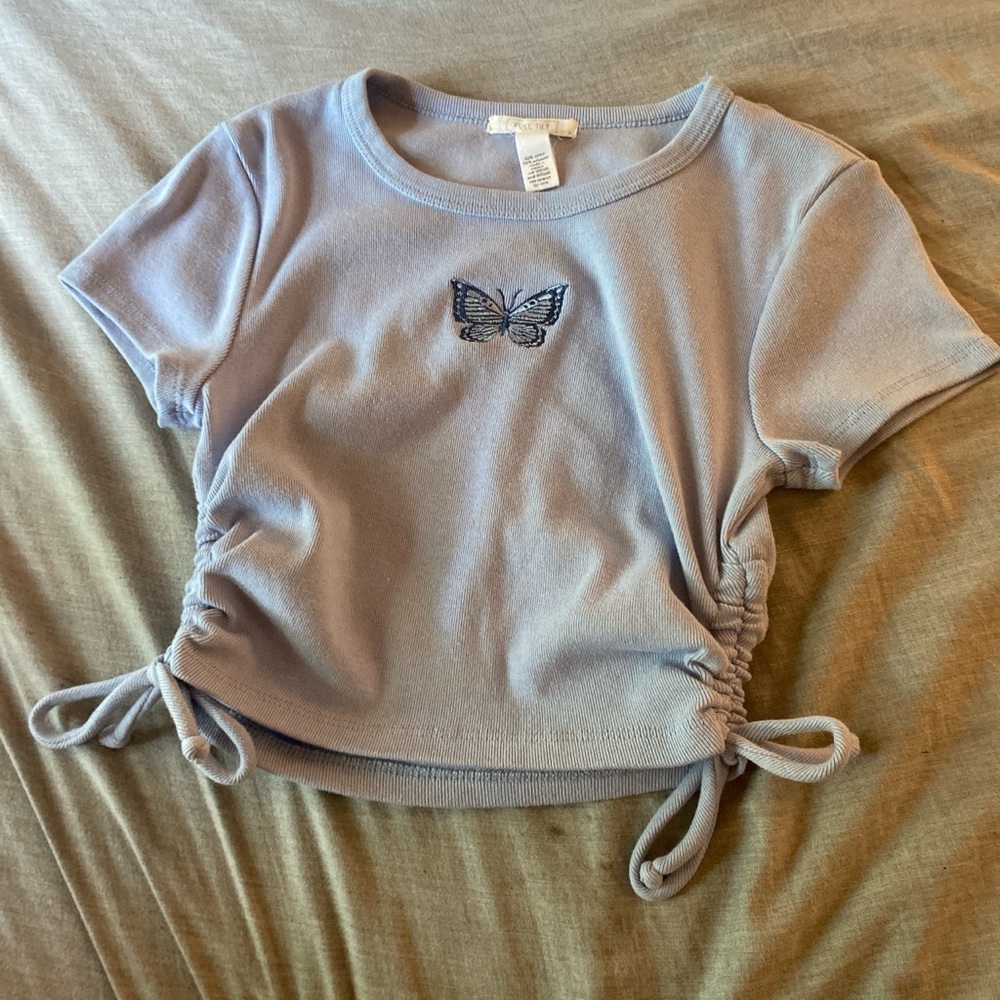 Full Tilt Light Blue Top with Butterfly Design
